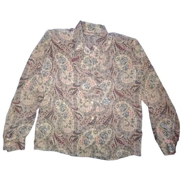 5/$25 EUC Sz 10P Womens Blue Pink Ruffle Neck Blouse Sheer Collared Paisley - Picture 1 of 8